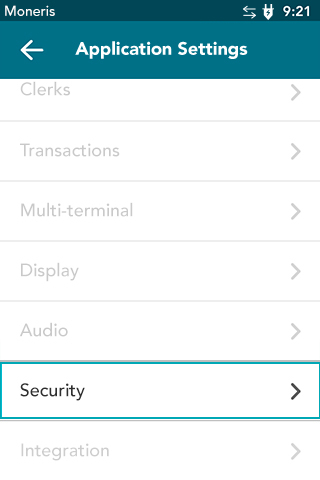 Security Settings screen on Moneris Desk/5000