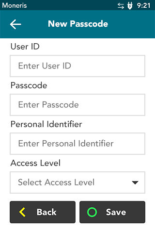 Access Levels for Security Settings on Moneris Desk/5000