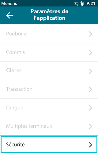Écran des paramètres de sécurité du terminal Desk/5000 de Moneris