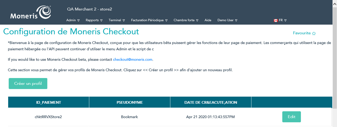 La page Configuration de Moneris Checkout affichant l’ID de Checkout