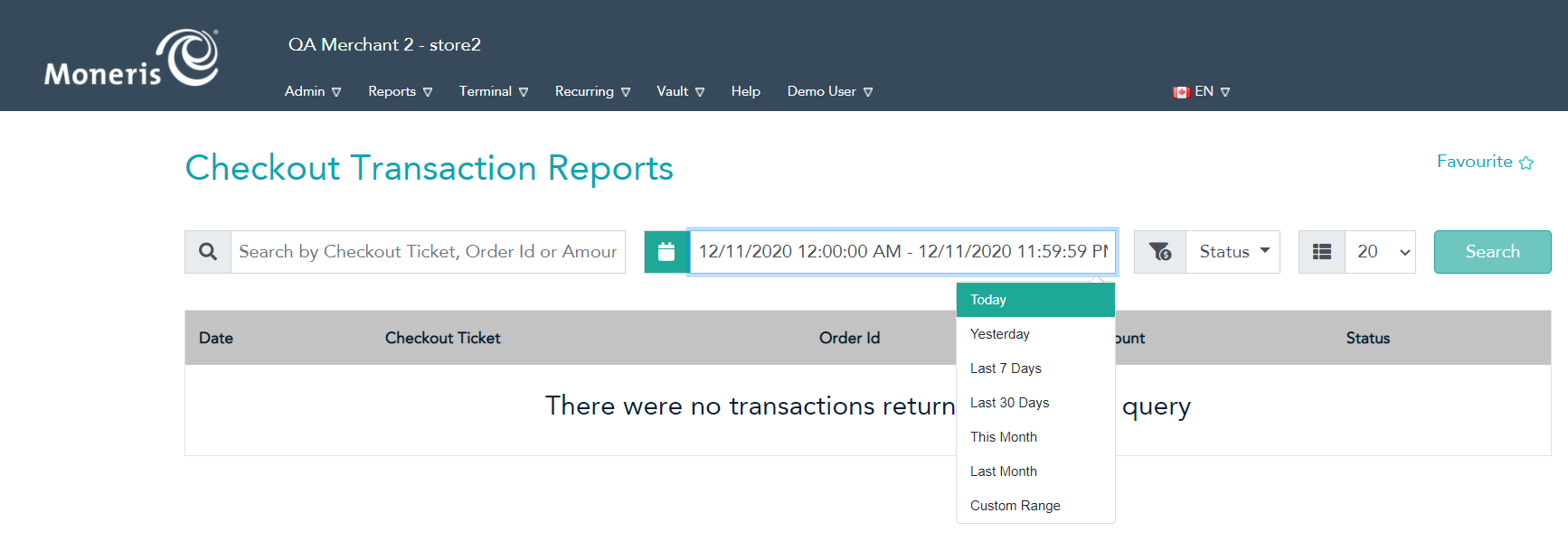 Click the date field at the top of the screen, and a group of date range options becomes visible. Options include Today, Yesterday, Last 7 Days, Last 30 Days, This Month, Last Month, and Custom Range.