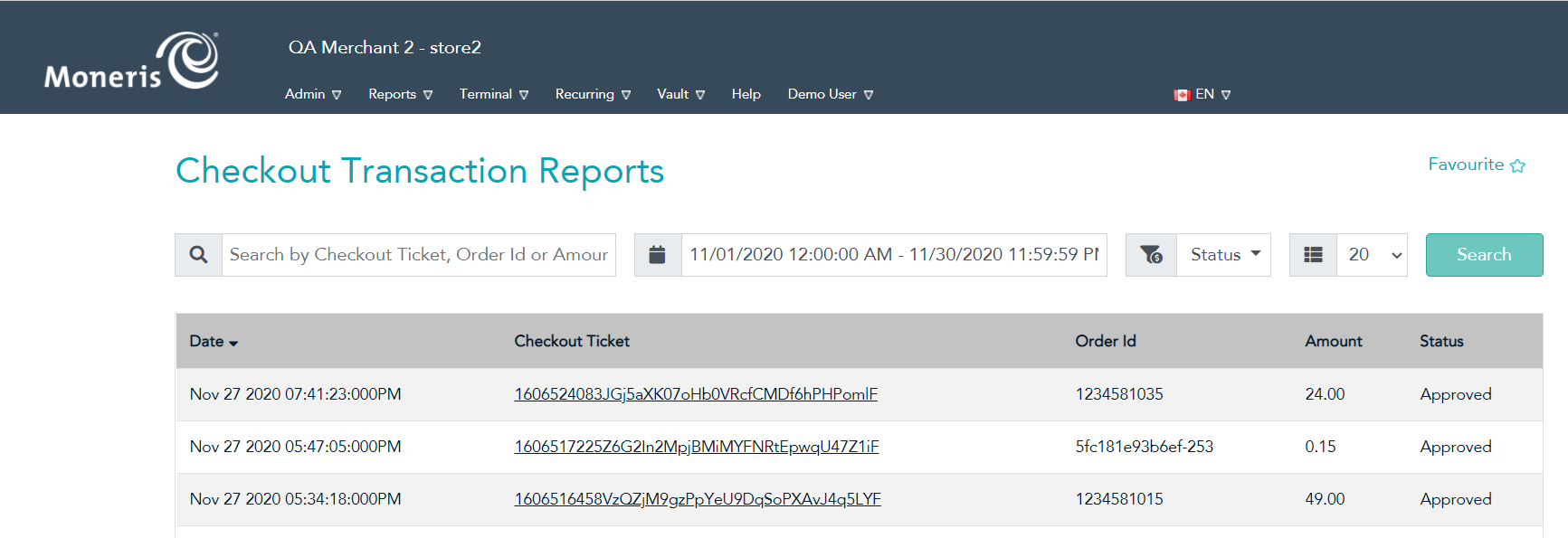 The results of the Checkout Transaction Reports shows the transaction date and time, the ticket number, Order ID, amount, and status.