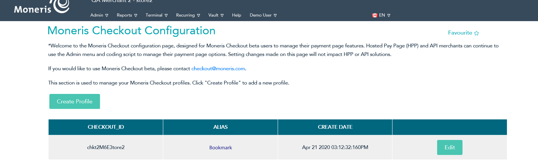 The Moneris Checkout Configuration page, displaying a configuration called Bookmark.