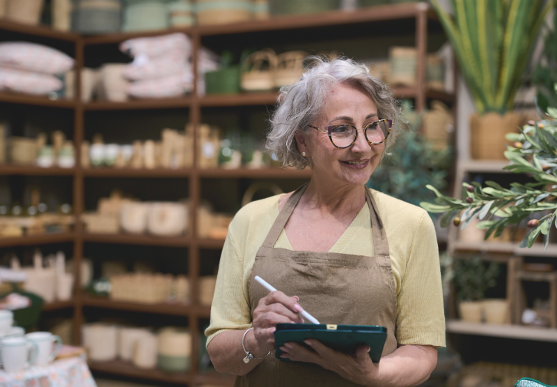 Une personne utilise une tablette dans un commerce de détail où des produits sont exposés sur des étagères.