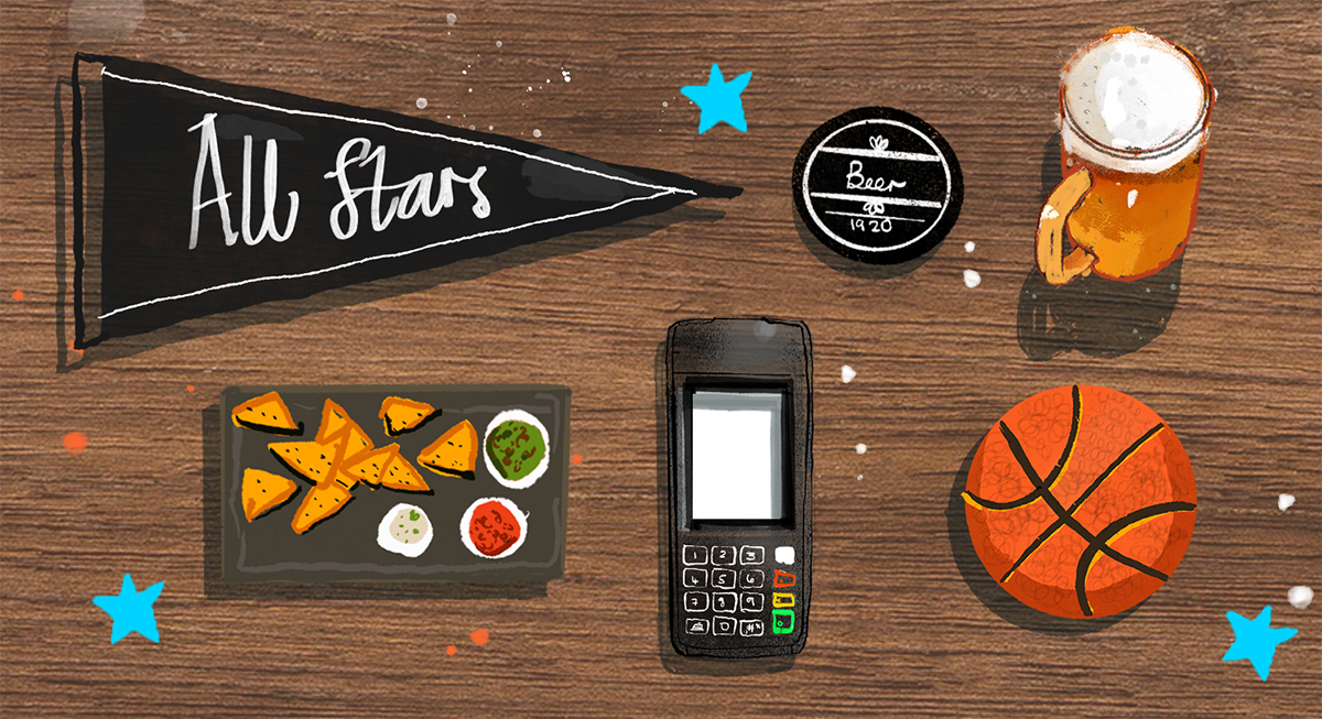 basketball, terminal, beer, chips and All Stars flag on table