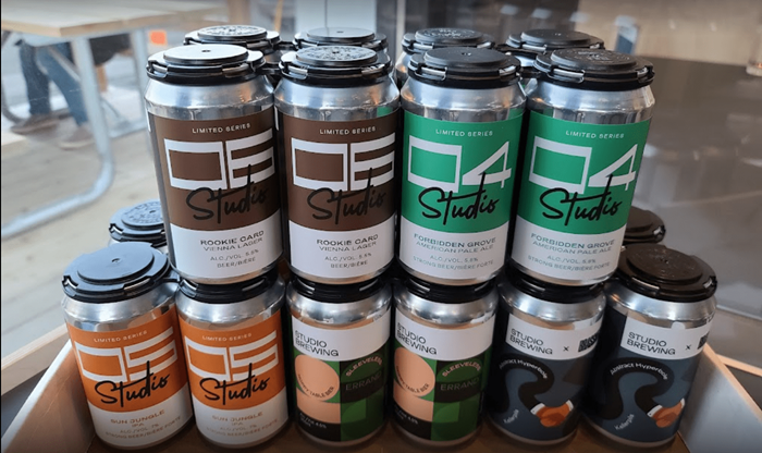 A stack of craft brew cans from Studio Brewing in Burnaby, BC