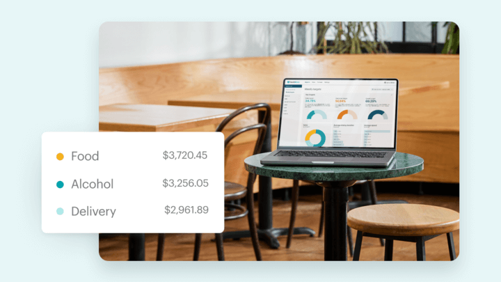 Laptop displaying TouchBistro analytics dashboard integrated with Moneris for tracking food, alcohol, and delivery sales in a restaurant.
