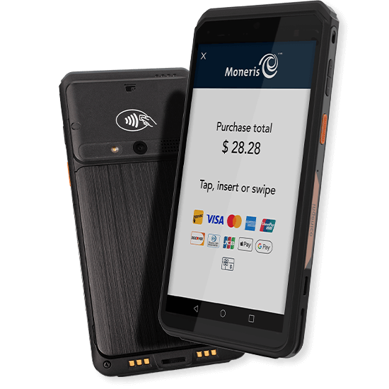 Moneris Go Slim mobile payment terminal with contactless, chip, and swipe options for credit and debit card transactions