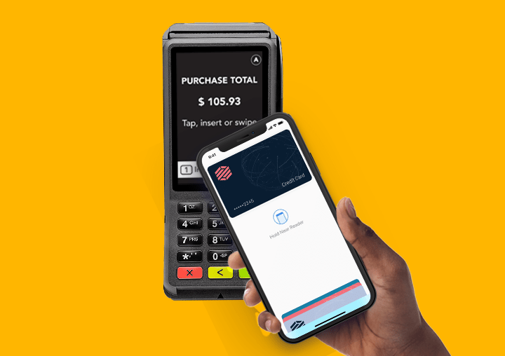 Closeup of  a Moneris Core terminal set to accessibility mode accepting a mobile payment in English