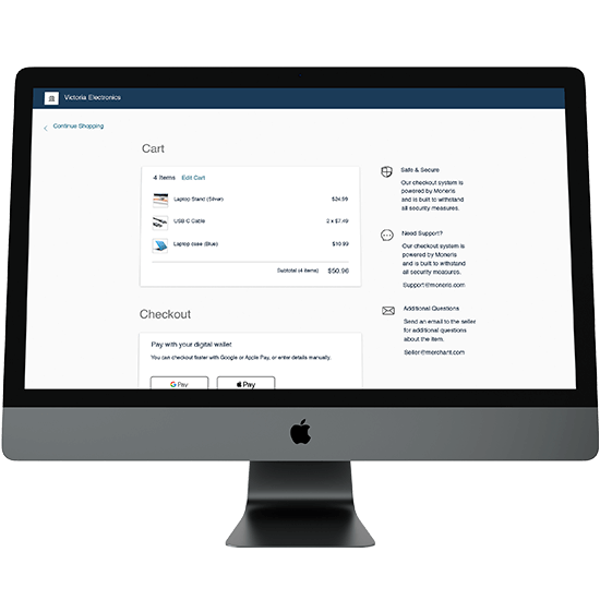 Computer screen displaying Moneris Checkout, an ecommerce payment gateway powered by Moneris Gateway.