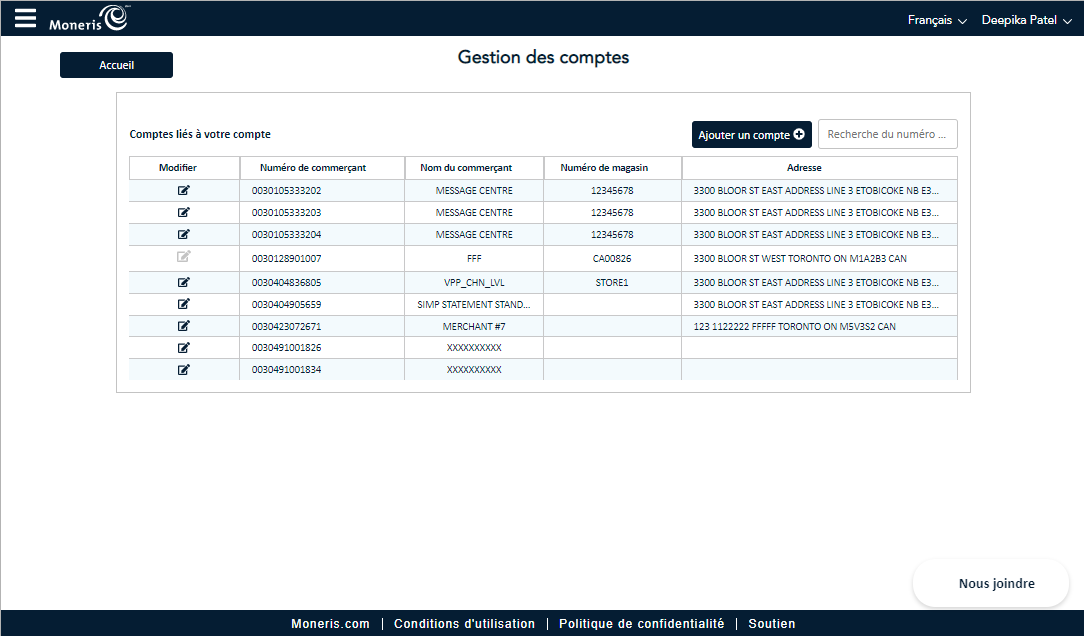 L’écran de la gestion des comptes affiche les comptes qui sont rattachés à votre organisation.