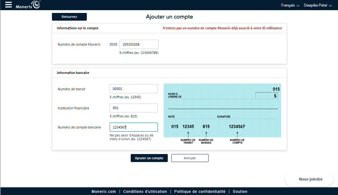 L’écran Ajouter un compte affiche les champs pour saisir des informations bancaires.