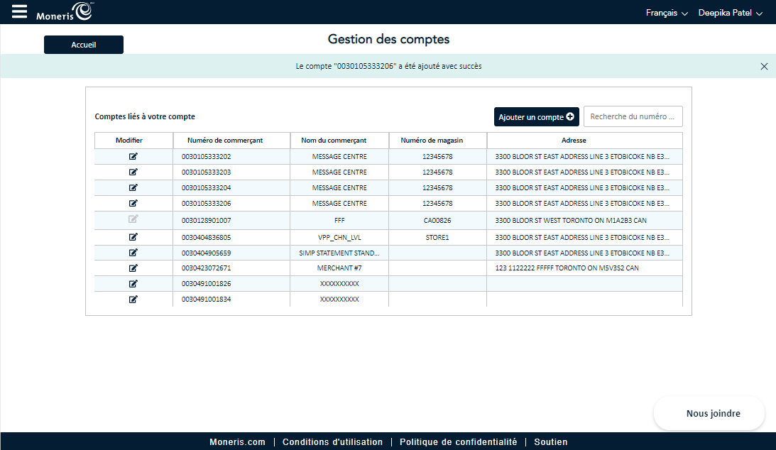 L’écran Réussite de la gestion des comptes affiche le compte nouvellement ajouté et le message de réussite.