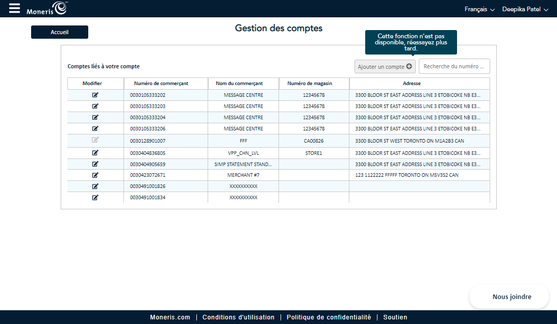 L’écran Gestion des comptes indique que le bouton Ajouter un compte n’est pas disponible.