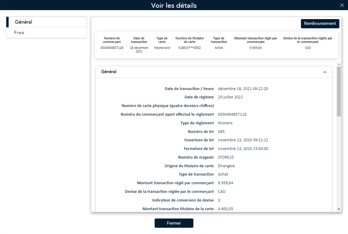L’écran Voir les détails affiche la transaction sélectionnée.