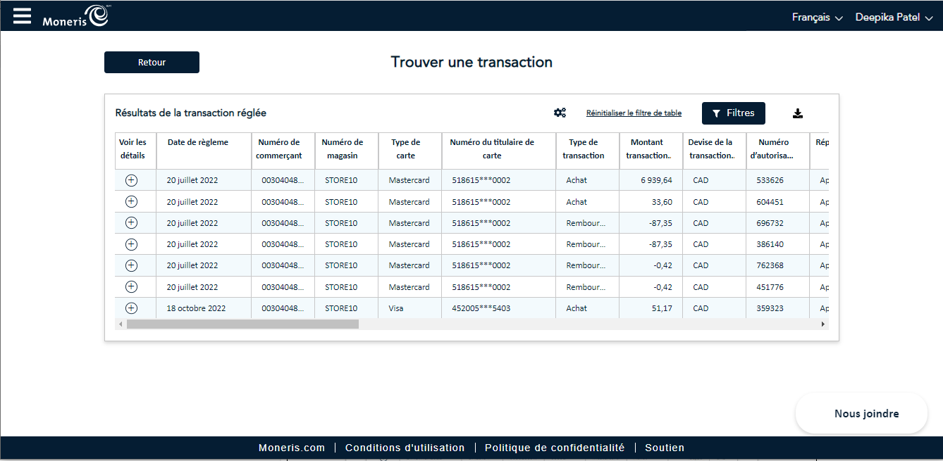 L’écran des résultats Trouver une transaction affiche la liste des transactions qui correspondent à vos critères.