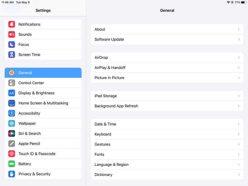 iPad settings screen