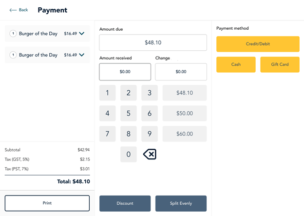 Payment screen for quick service