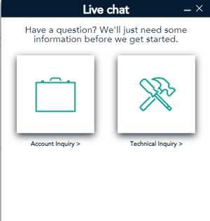 Live chat popup allows you to choose between Account Inquiry or Technical Inquiry.