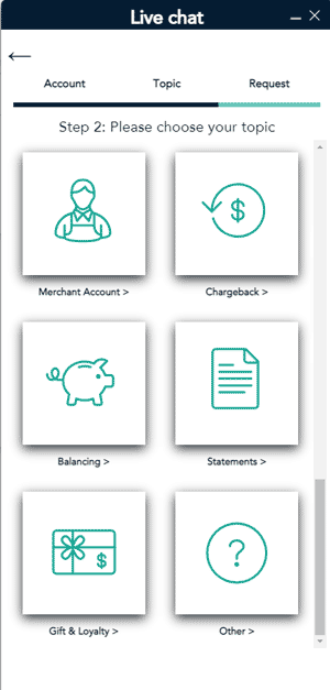 Live chat for account inquiry step 2 requires you to select from Merchant Account, Chargeback, Balancing, Statements, Gift & Loyalty and Other.