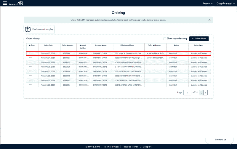 Ordering Screen with submitted message.