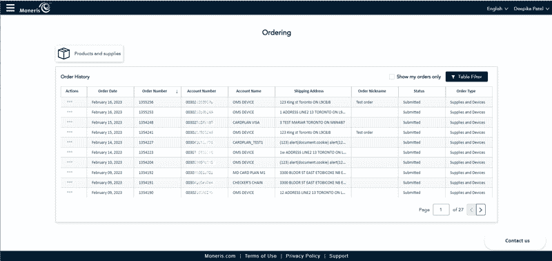 Ordering Screen shows the orders that were submitted.
