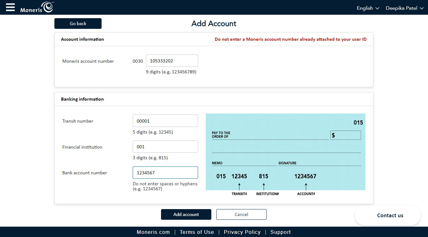 Add Account Screen displays fields to enter banking information.