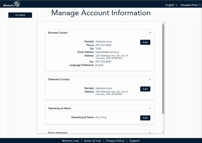 Manage Account Information Screen displays information about your account.