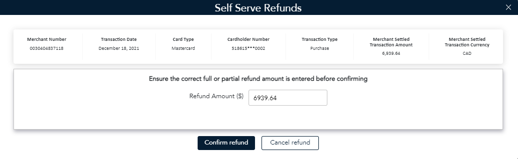 Self Serve Refunds popup 1 enables you to enter the amount to refund.