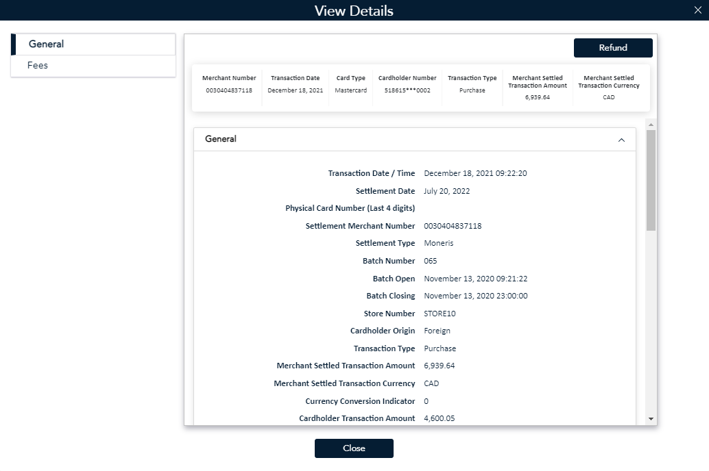 View Details screen displays of the selected transaction.