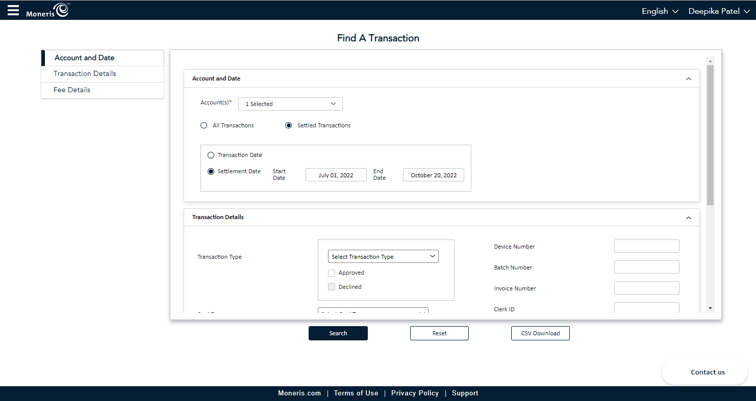 Find A Transaction screen contains search functionality.